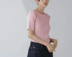 タグ付　バナナリパブリック　ストレッチコットン半袖リブニット　淡ピンクS