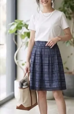 【美品】ナチュラルビューティー フレアスカート チェック 膝丈 日本製