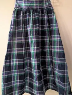 チェック柄フレアロングスカート ゴム パープル グリーン Lサイズ