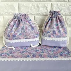 25×35ランチョンマット&お弁当袋&コップ袋　花柄りぼん　給食袋　入園　入学