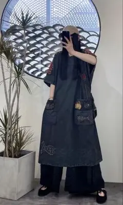 デニム パッチワーク ロングワンピース 半袖