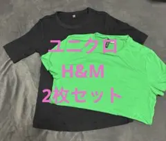 2枚セット：ユニクロ黒リブ、H&M緑Tシャツ