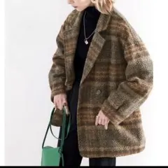 クラシカルエルフ ブーグレー起毛チェック柄ダブルジャケットコート M ブラウン♪