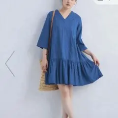 美品✨定価1.4万❤️ 麻 青 ロッソ リボンスリーブギャザーワンピース 