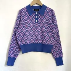 【インポート古着】花柄 幾何学模様 アクリルニット 長袖 ニットポロシャツ