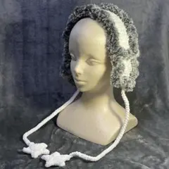 ハンドメイド 耳あて イヤーマフ 星 サブカル グレー ホワイト ファー 毛糸