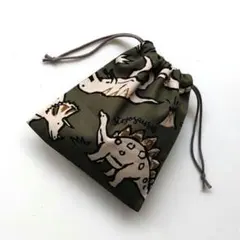 ハンドメイド＊アンティーク恐竜のきんちゃく袋＊給食袋＊カーキ