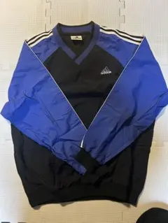 adidas Vネックナイロンジャケット M-L 青/黒