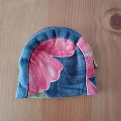 ハンドメイド 花柄ブルー小銭入れ
