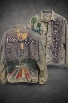 シ*ン様 80’s Tony Alamoトニーアラモ デニムジャケットハリウッド Vintage 1980's “tony Alamo” Style New York Artwork Denim Jacket