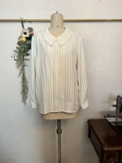 ストライプ ブラウス 長袖 アイボリー ビッグカラー きれいめ 上品　13号