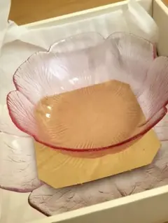 昭和レトロ【カメイガラス】花柄　ガラス　大皿鉢＋皿　ピンク　アンティーク