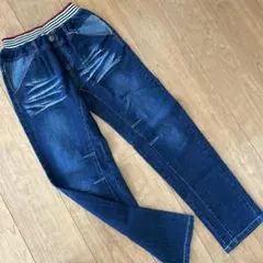 150cm ダークブルーデニムパンツ ヒゲ加工　ストライプウエストバンド