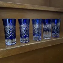 ぐい呑み 5個セット 青色　切子グラス　日本酒グラス