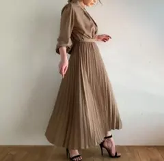 JUNOAジュノア バンドカラー プリーツ ロングワンピース ブラウン 長袖 M
