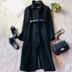 希少42✨極美品 マックスマーラ ベルテッドコート 高級ウール 女優襟 ブラック