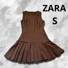 【美品】ZARAボックスプリーツミニワンピース ブラウン S
