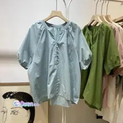 絶対欲しい 全4色 高級感 体型カバー Vネック ブラウス 無地 パフスリーブ