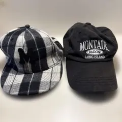 チェック柄MロゴキャップとMONTAUKキャップ