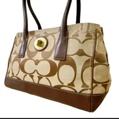 【良品】COACH コーチ シグネチャー ターンロック キャンバス トートバッグ
