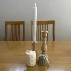 アイボリー編み込みキャンドルと木製ホルダーセット