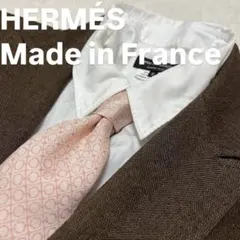 フランス製HERMES ピンク　ベージュ　幾何学模様柄シルクネクタイ 総柄