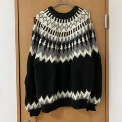 BEAMS 3ゲージ シャギー ノルディック柄 クルーネックニット　黒
