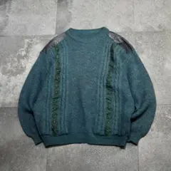 古着 アルパカ混 レザー 切り替え デザインニット ニット セーター グリーン