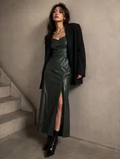 ZARA ザラ フェイクレザー キャミソールワンピース グリーン XS