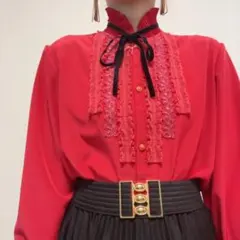 タグ付き 赤 レッド ベロアリボン スタンド プリーツ フリル レトロ ブラウスのサムネイル