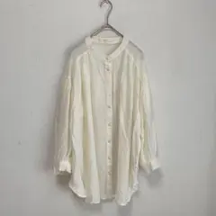 【grove/グローブ】バンドカラー　シアー　ブラウス　ロング丈　ギャザー　白系
