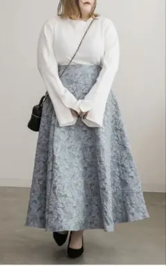 クレット　ふくれジャガード花柄ハイウエストスカート　ブルー　4L