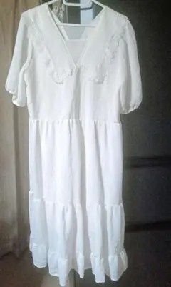 ホワイトフリル襟 シャツワンピース ボリュームスリーブ ふんわりスリーブ裏地付き