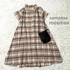 SALE！サマンサモスモス　リネン混チェック柄 半袖シャツワンピース