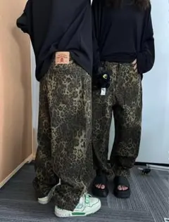 ヒョウ柄 デニムパンツ グランジ y2k レオパード カジュアル ストリート 豹
