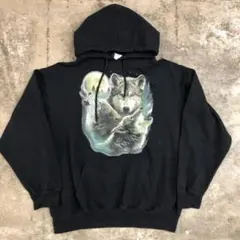 古着 00s アニマルプリント 狼 スウェットパーカー L ブラック