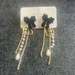 ブラックリボン パール ロングピアス