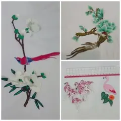 刺繍ワッペン 鳥 フラミンゴ 花 セット