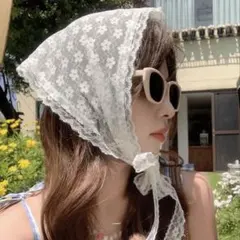 バブーシュカ レース スカーフ ホワイト 韓国 スカーフ 白 花柄 2個セットのサムネイル