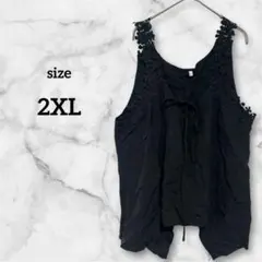 黒のレース装飾 刺繍 花 リボン ノースリーブチュニック 2XL