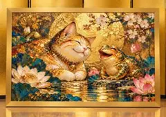 笑う猫と福を呼ぶ黄金のカエルが悠久の金輝に包まれ、幸せがめぐる開運アート額縁付き