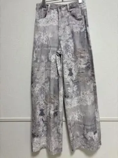 花柄、和柄グラフィックプリント ワイドデニムパンツ