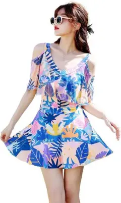 水着 レディース ワンピース フリル 体型カバー オールインワン 花柄 Mサイズ