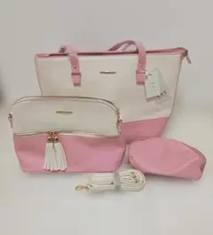 ピンクホワイトトートバッグセット　　ショルダーバッグ　トート　ポーチ　3点セット