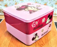 レア品[2段ランチボックス]Disneyミニー＆ミッキー　花柄ピンク重箱弁当箱