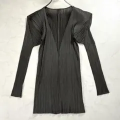 PLEATS PLEASE イッセイミヤケ 総柄 ノーカラー ロングカーディガン