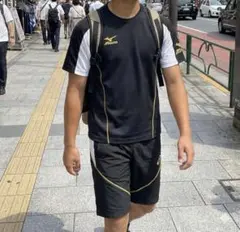 オフの日の野球部っぽいTシャツ＋ハーフパンツのセット！ミズノ アシックス 黒×金