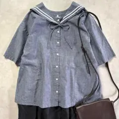 美品 PAR ICI パーリッシィ 綿麻 セーラーカラーブラウス デニム 洗える