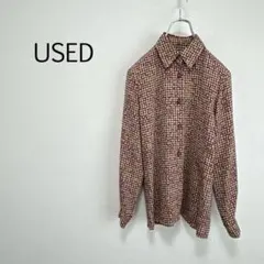 c0182【USED】長袖シャツ 総柄 ドット柄 とろみ素材 ヴィンテージ