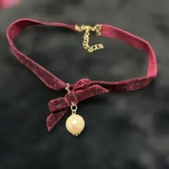 バーガンディ ベルベット チョーカー パールチャーム レディース えんじ